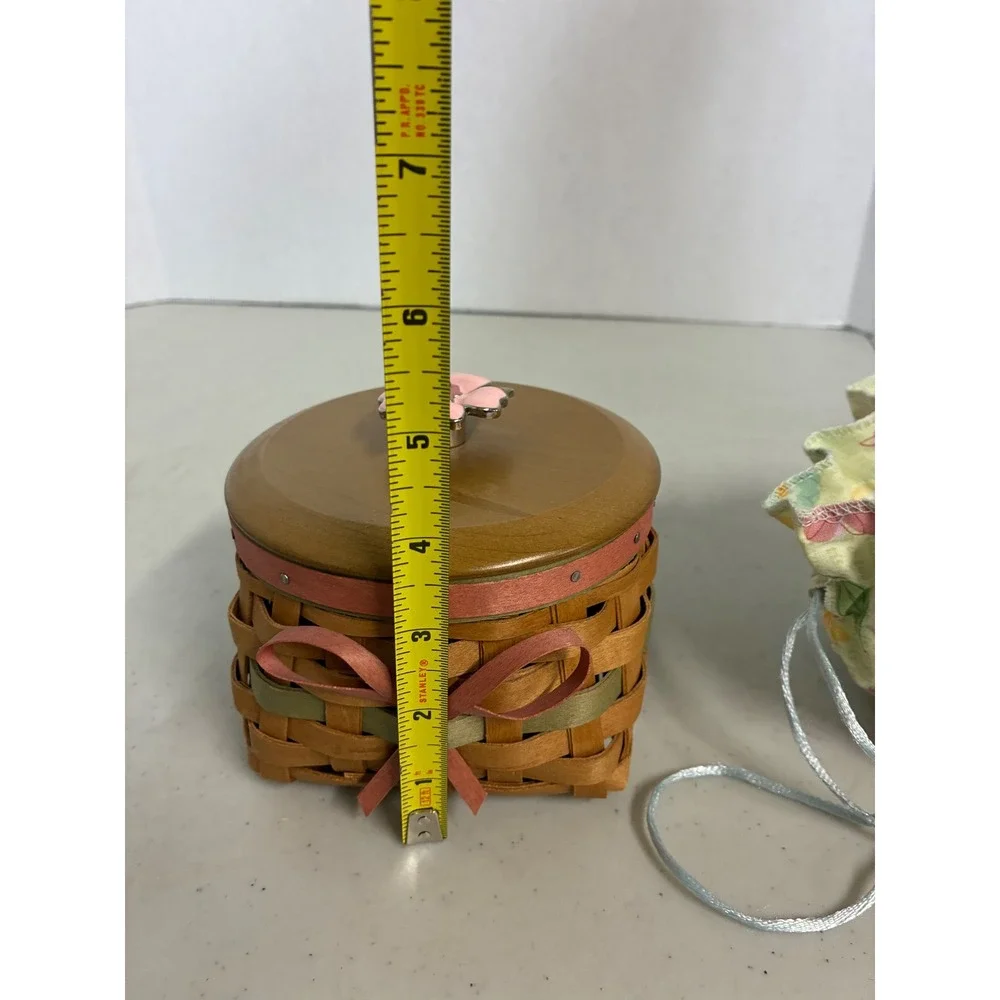 Longaberger Small Round Woven Basket Wood‎ Lid Pink Enamel Flower Knob & Liner